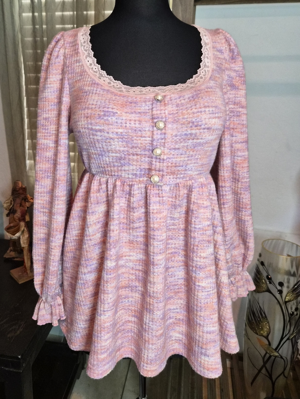 Pink Lavender Knit Peplum Top with Lace Trim #0122